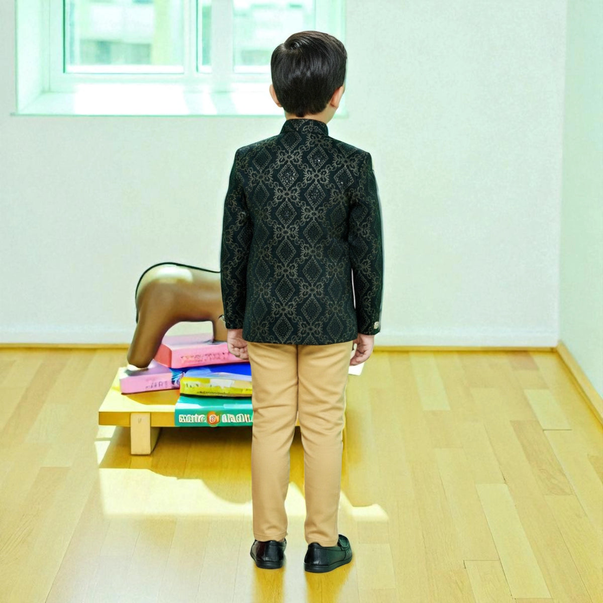 Boys Black Ethnic Blazer Jodhpuri style with Golden Pants – Kids Party & Wedding Wear - image 3