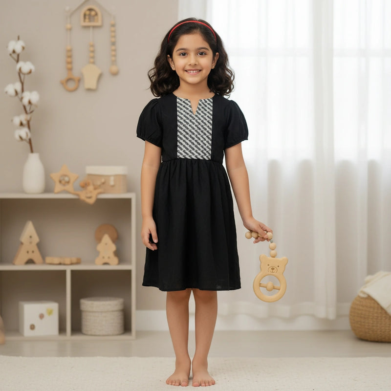 Girls’ Embroidered Panel Frock – Black & White | Cotton Summer Dress