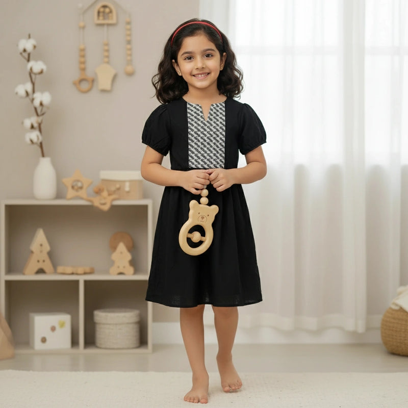 Girls’ Embroidered Panel Frock – Black & White | Cotton Summer Dress