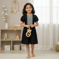 Girls’ Embroidered Panel Frock – Black & White | Cotton Summer Dress