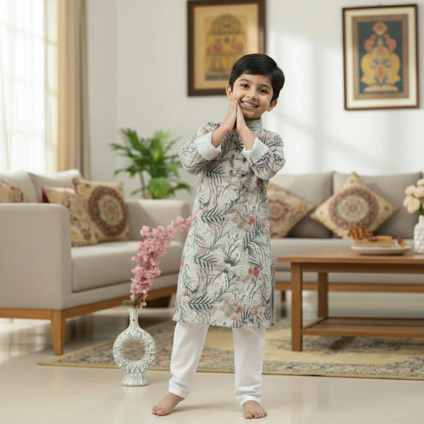 Boys Floral Print Kurta Pyjama Set – Stylish Ethnic Wear for Kids