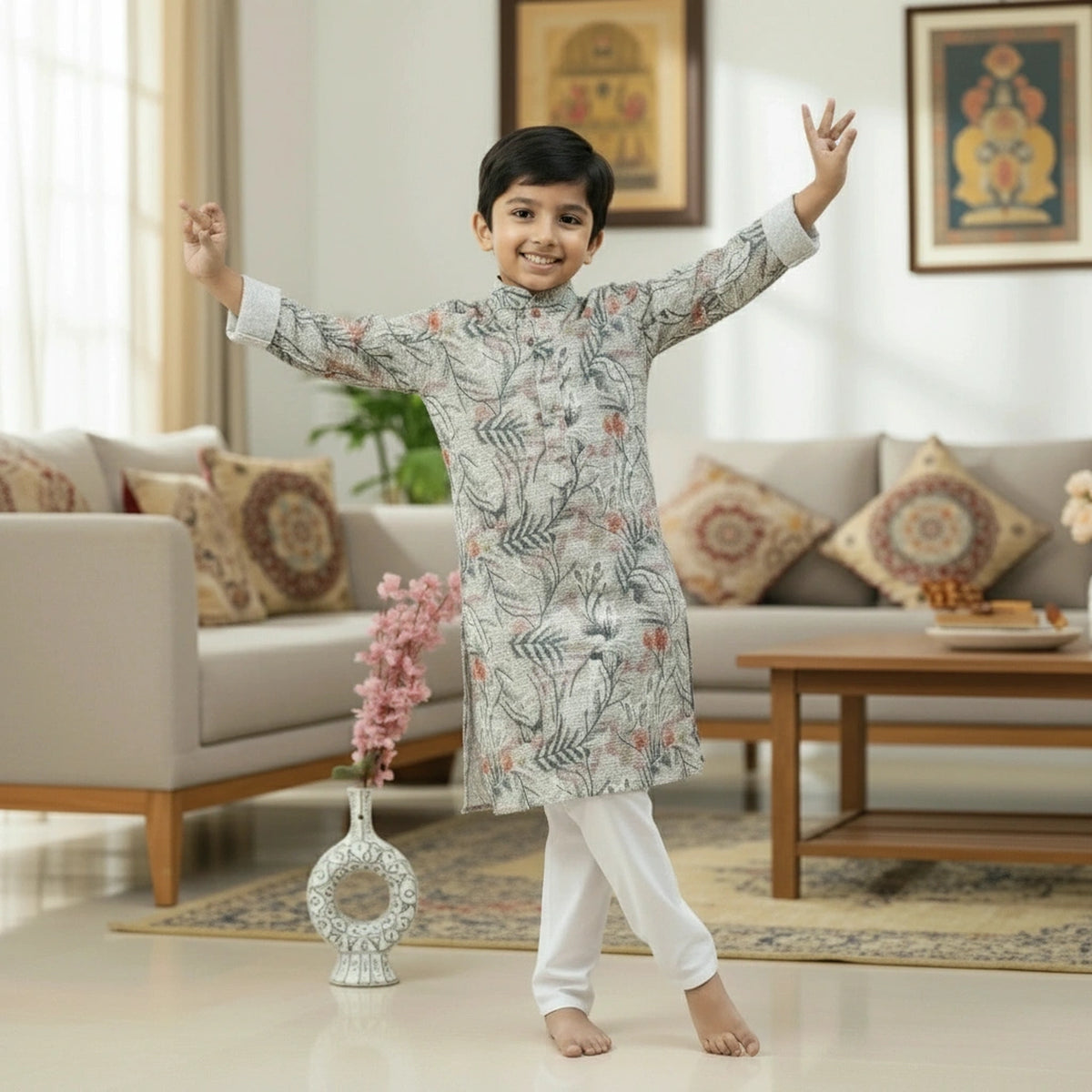 Boys Floral Print Kurta Pyjama Set – Stylish Ethnic Wear for Kids - image 3