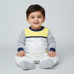 Soft Cotton Baby Romper - Yellow & Navy Blue Striped with Adorable Bear Design