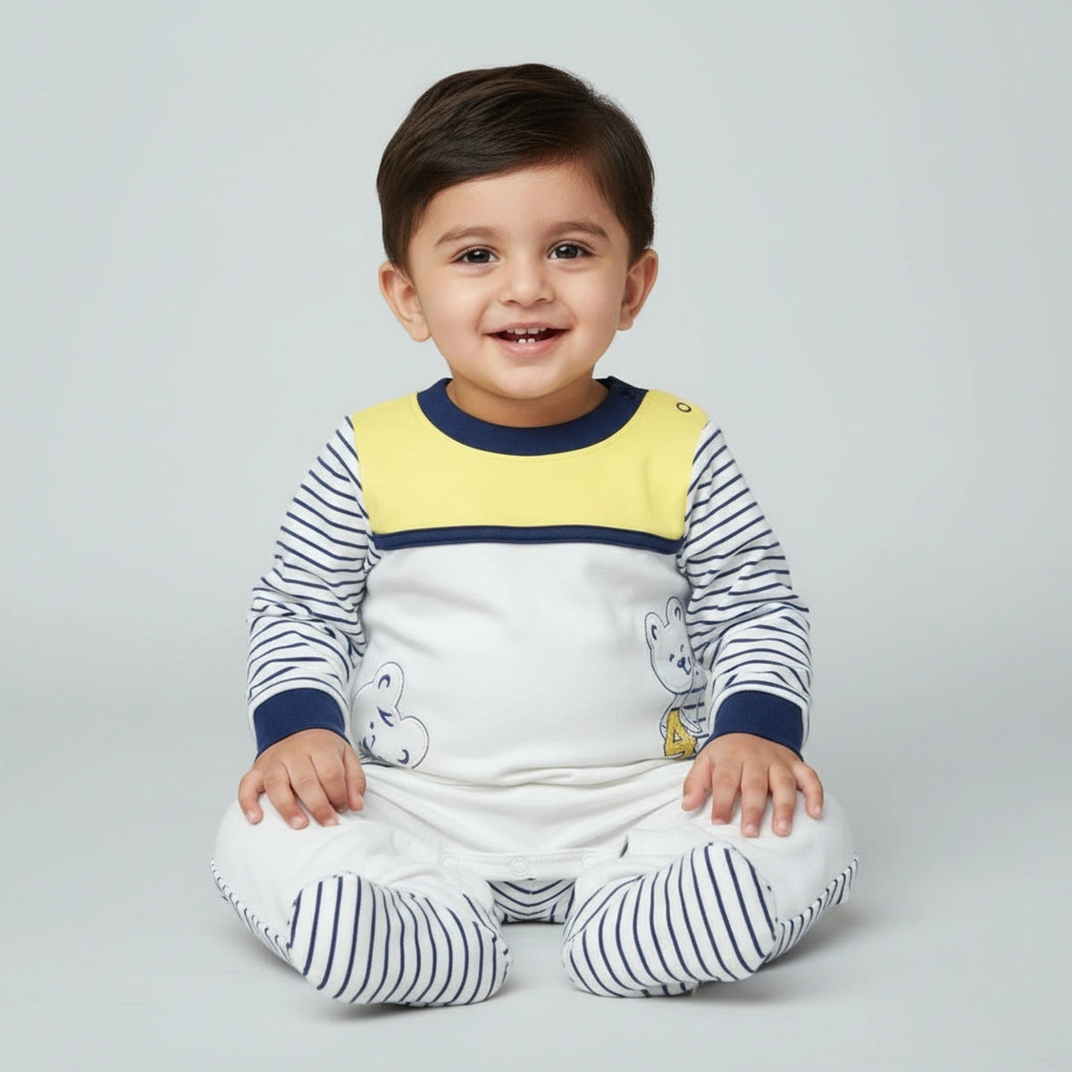 Soft Cotton Baby Romper - Yellow & Navy Blue Striped with Adorable Bear Design - image 2