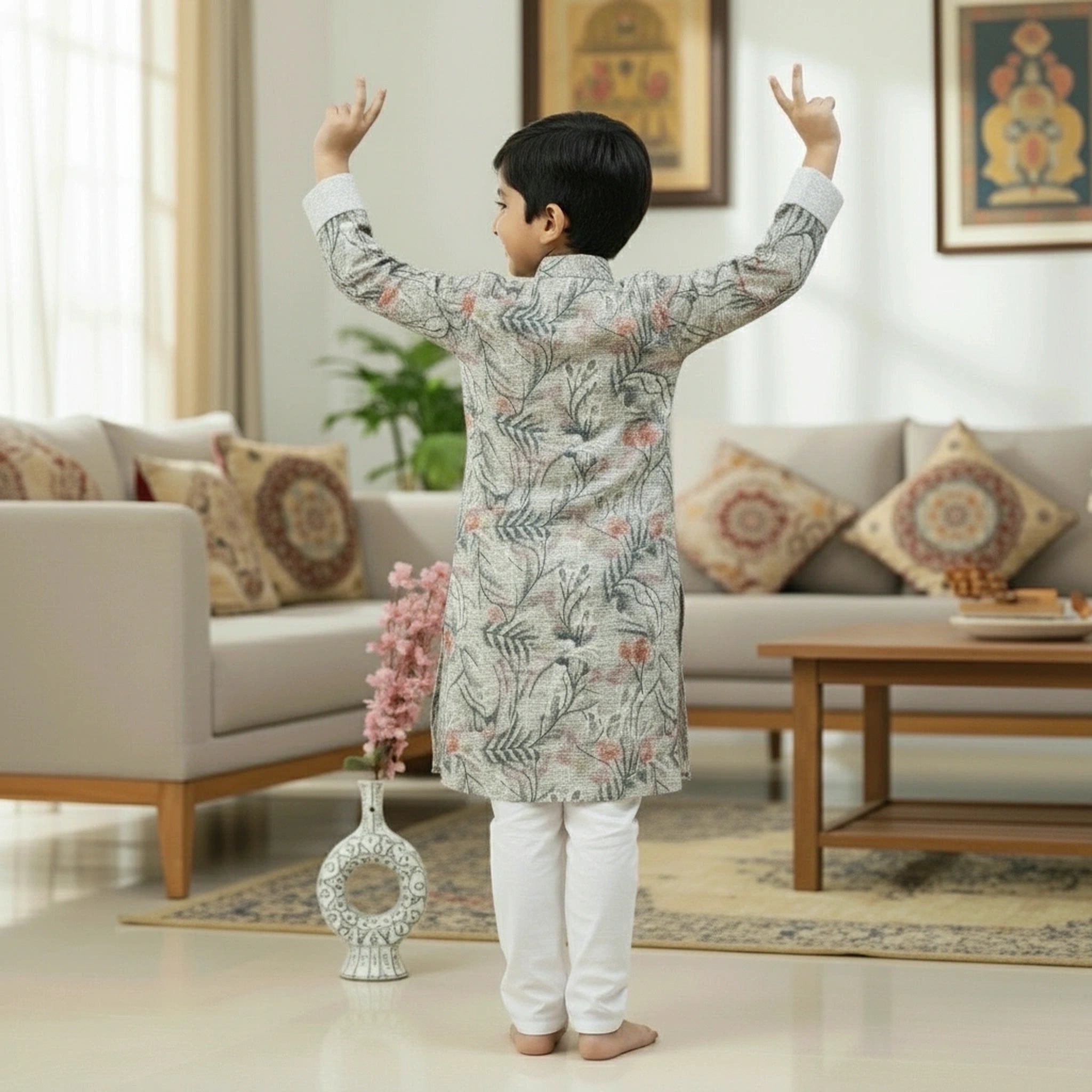 Boys Floral Print Kurta Pyjama Set – Stylish Ethnic Wear for Kids