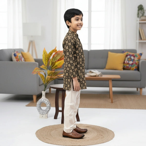Boys Black & Gold Printed Kurta Pajama Set – Elegant Kids Ethnic Wear