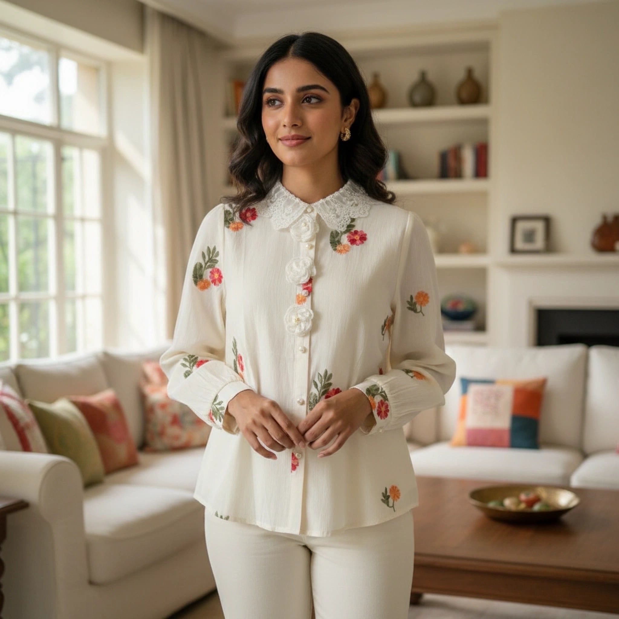Elegant Embroidered Women’s Top with Floral Detailing