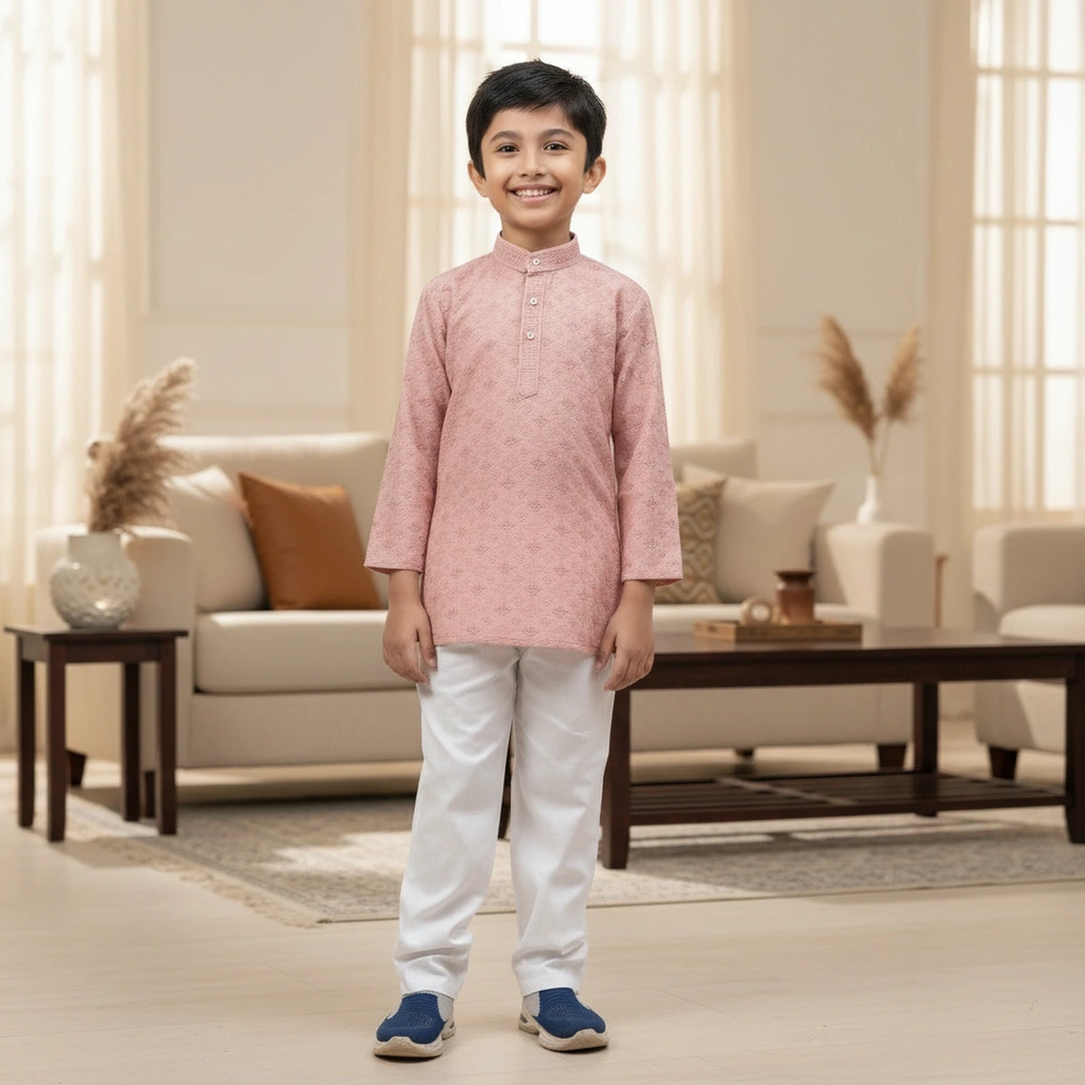 Young boy in a pink kurta standing in a living room.