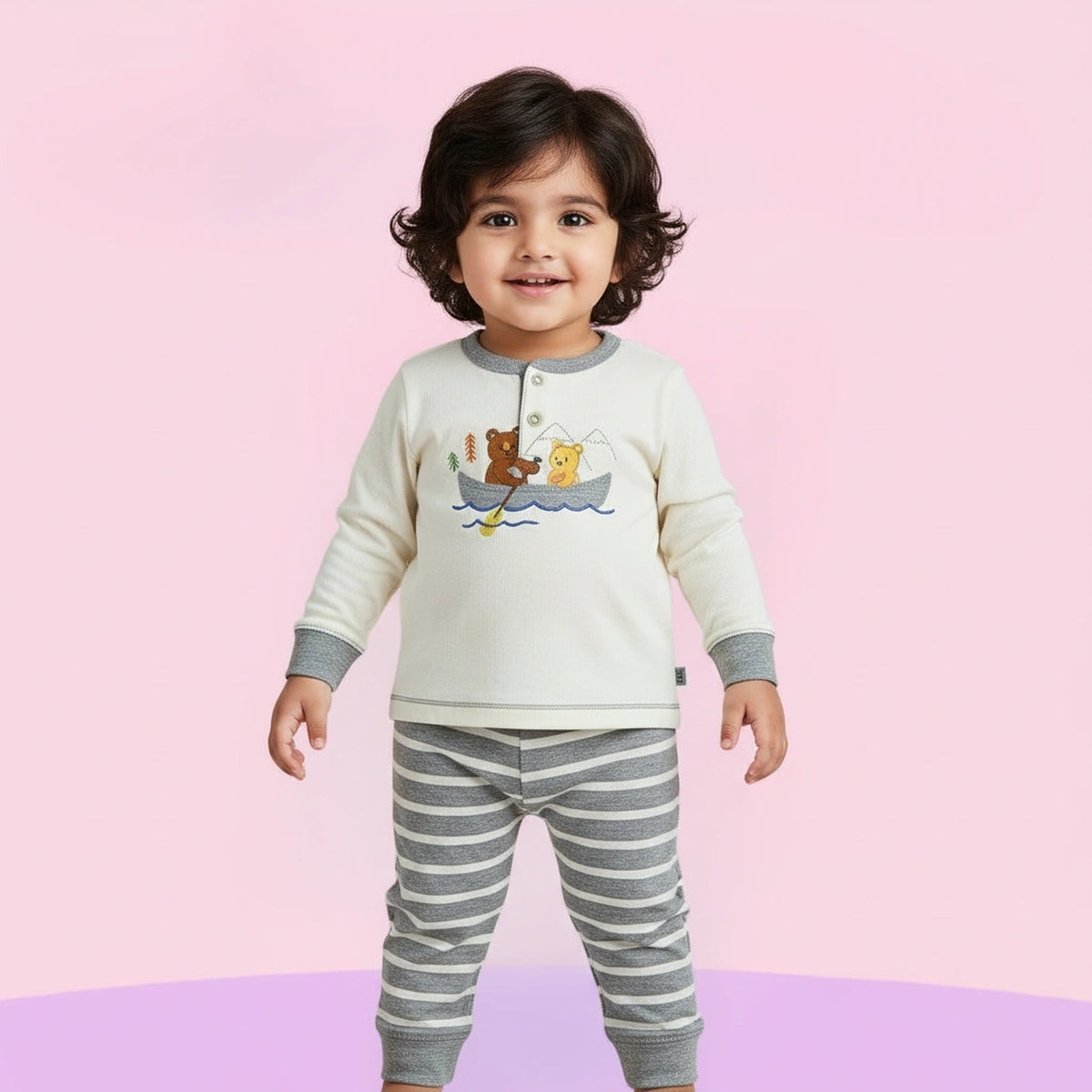 Soft Cotton Baby Set - Beige Bear Top & Grey Striped Bottoms - image 2
