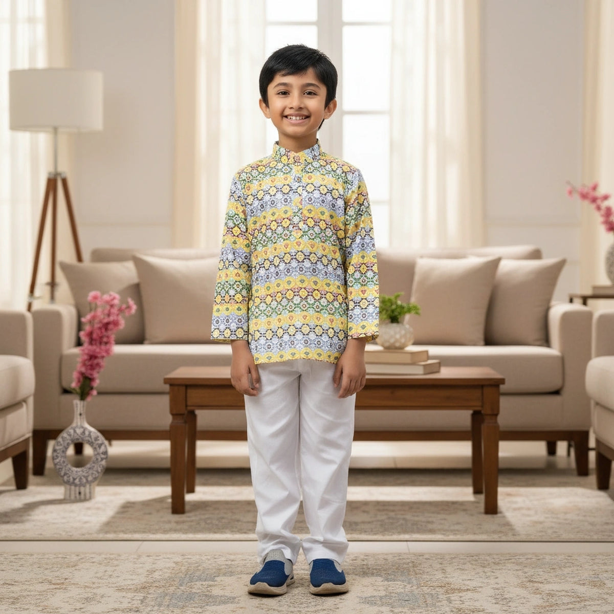 Child wearing a patterned shirt and white pants in a living room setting