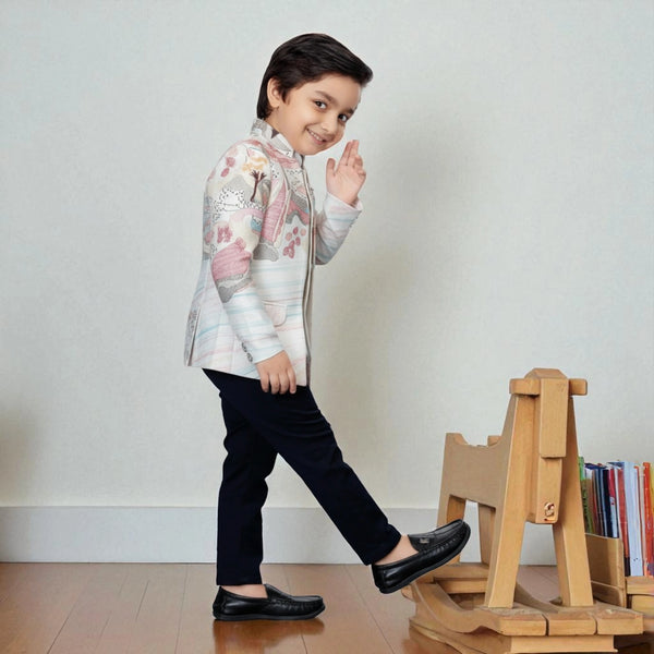 Boys Pastel Ethnic Blazer with White Shirt & Black Pants – Kids Party Wear