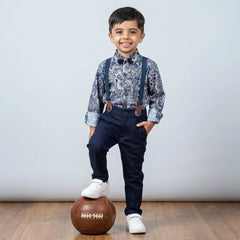 BOYS Grey Printed Shirt with Suspender Pants Party Wear Outfit Set