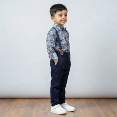 BOYS Grey Printed Shirt with Suspender Pants Party Wear Outfit Set