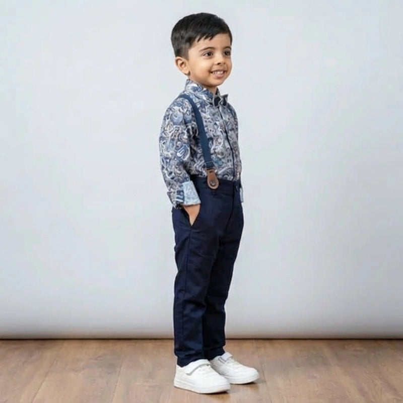 BOYS Grey Printed Shirt with Suspender Pants Party Wear Outfit Set