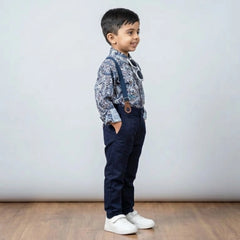 BOYS Grey Printed Shirt with Suspender Pants Party Wear Outfit Set