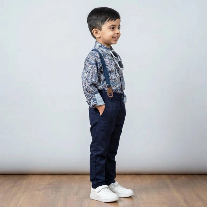 BOYS Grey Printed Shirt with Suspender Pants Party Wear Outfit Set