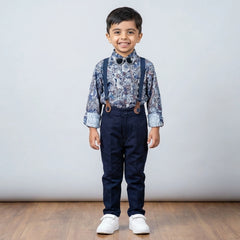 BOYS Grey Printed Shirt with Suspender Pants Party Wear Outfit Set