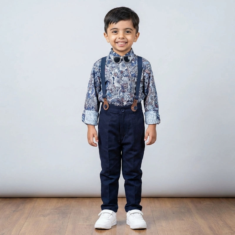 BOYS Grey Printed Shirt with Suspender Pants Party Wear Outfit Set