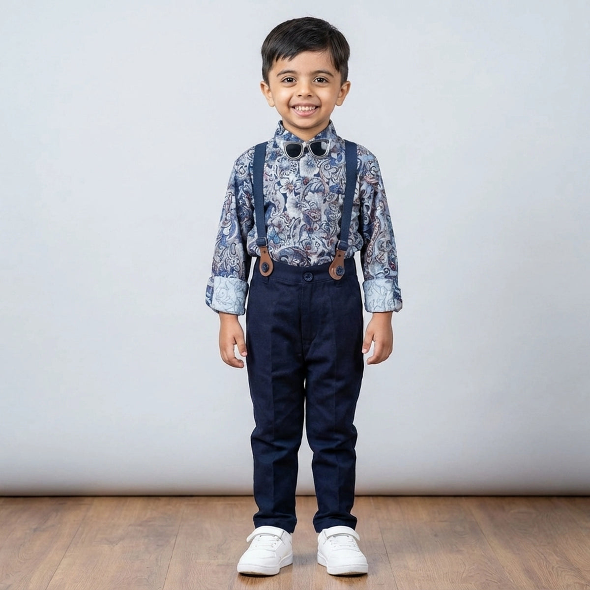 BOYS Grey Printed Shirt with Suspender Pants Party Wear Outfit Set - image 11