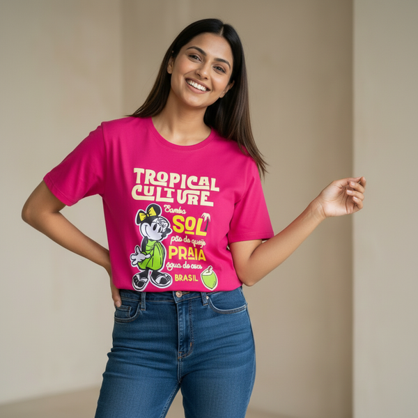 Woman wearing pink ‘Tropical Culture Brazil’ graphic t-shirt with cartoon character and yellow-green print, paired with blue jeans.