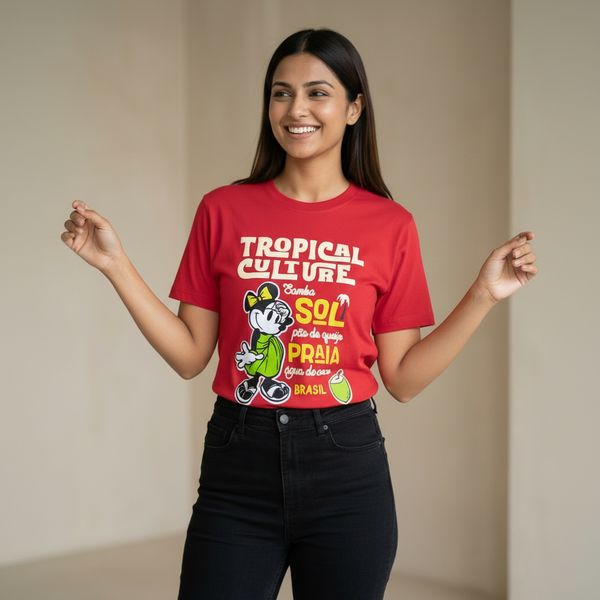 Woman wearing a red t-shirt with a graphic design and text, standing against a plain background
