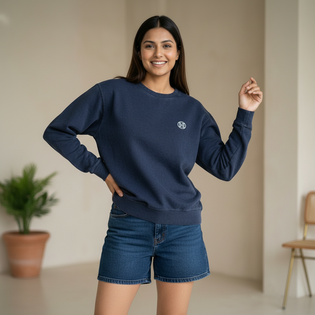 Woman wearing a navy blue sweatshirt with a minimal logo detail, paired with denim shorts, smiling and posing in a clean indoor setting with soft decor.

