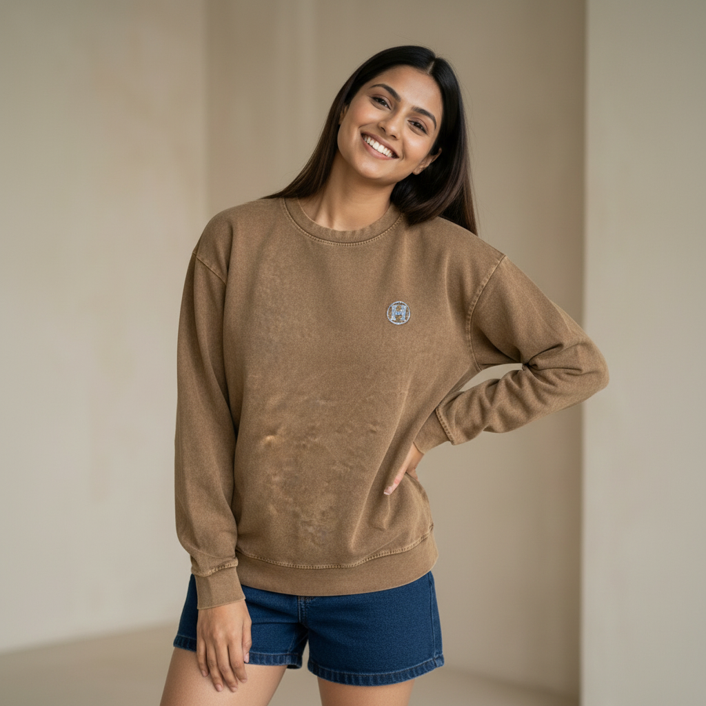 Woman wearing a brown sweatshirt with a subtle logo detail, paired with denim shorts, smiling and posing in a minimal indoor setting.

