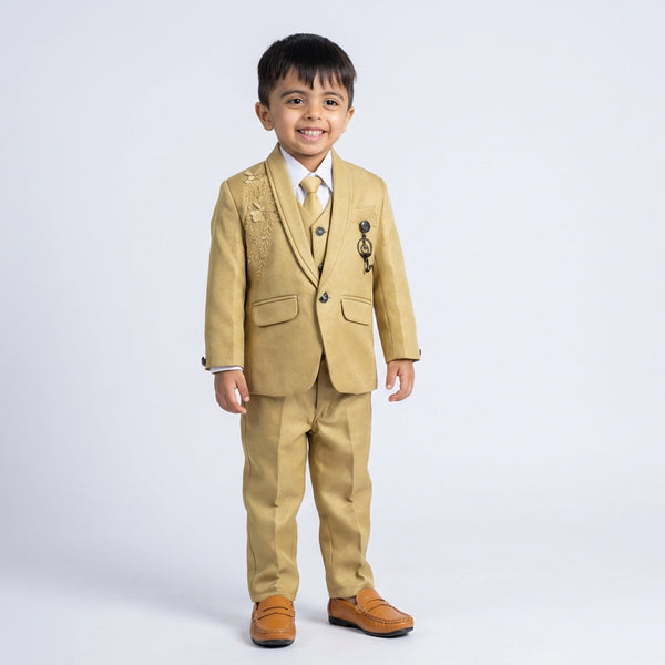 Boy Formal Occasion Outfit with Beige Blazer, Vest, White Shirt and Dress Pants