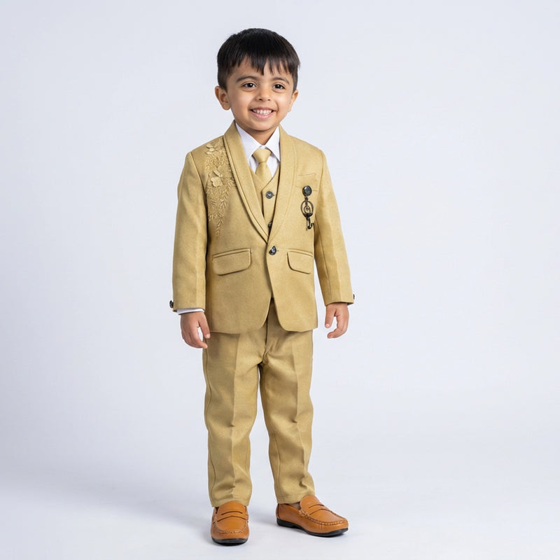 Boy Formal Occasion Outfit with Beige Blazer, Vest, White Shirt and Dress Pants