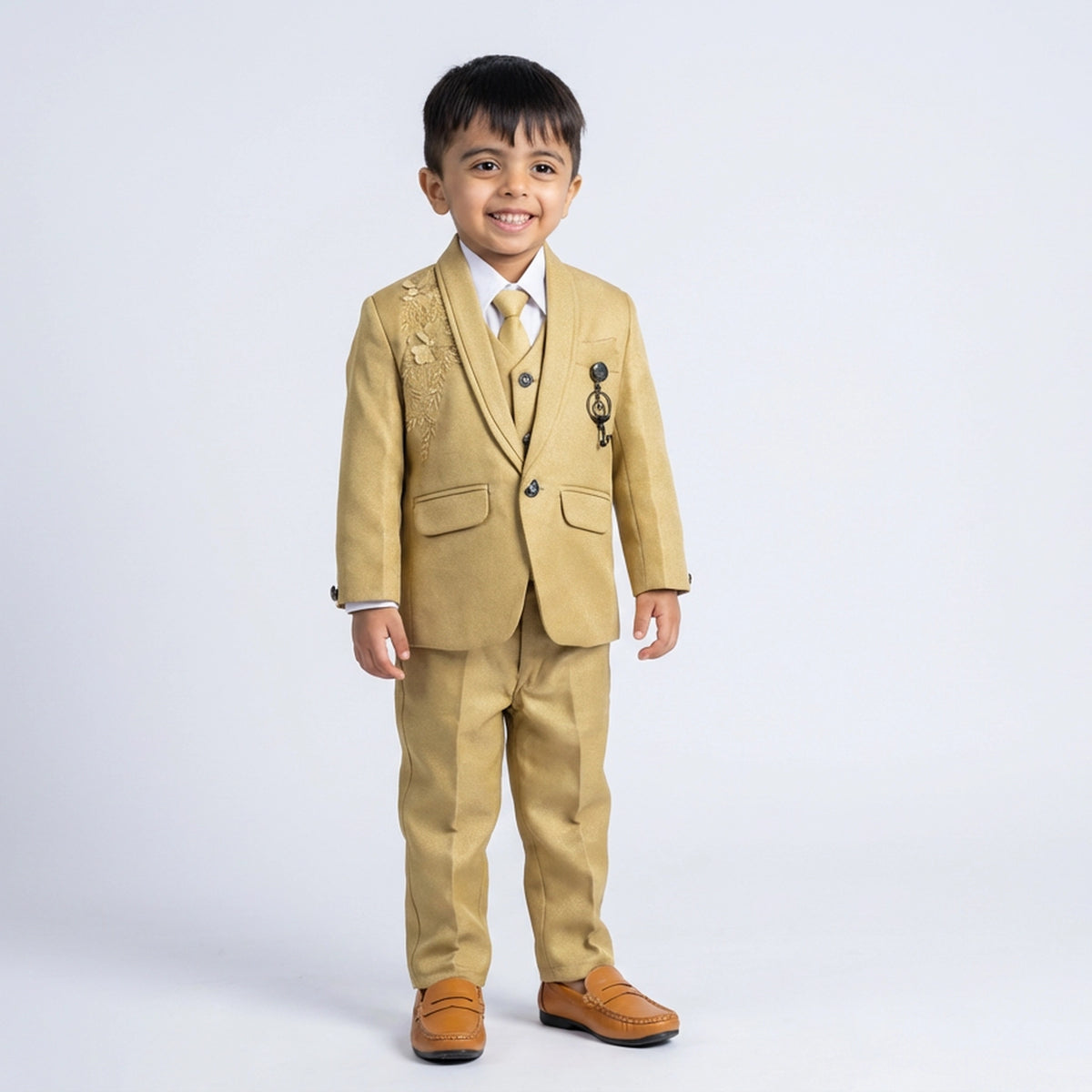 Boy Formal Occasion Outfit with Beige Blazer, Vest, White Shirt and Dress Pants - image 1
