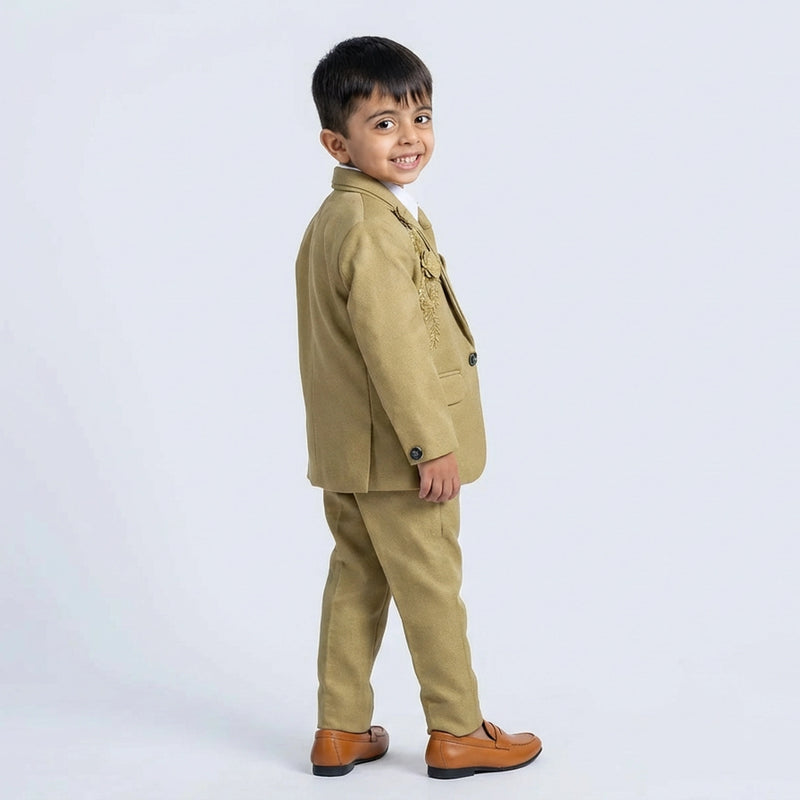 Boy Formal Occasion Outfit with Beige Blazer, Vest, White Shirt and Dress Pants
