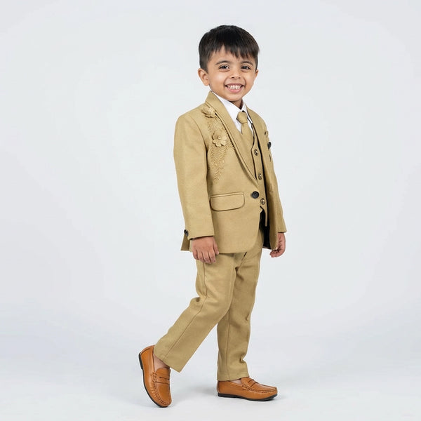 Boy Formal Occasion Outfit with Beige Blazer, Vest, White Shirt and Dress Pants