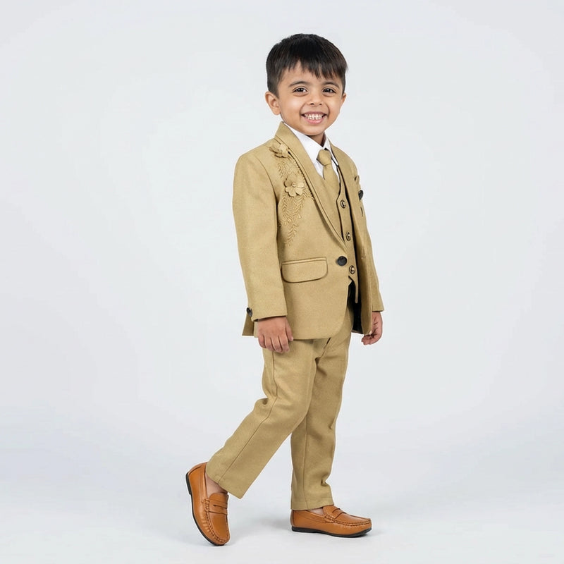 Boy Formal Occasion Outfit with Beige Blazer, Vest, White Shirt and Dress Pants