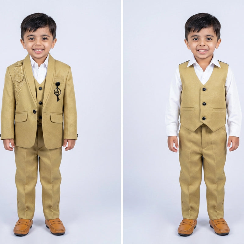 Boy Formal Occasion Outfit with Beige Blazer, Vest, White Shirt and Dress Pants