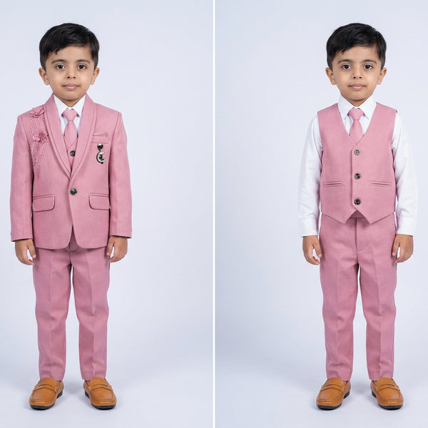 Boys Pink Formal and Wedding Suit Set with Blazer, Waistcoat, Tie and Trousers