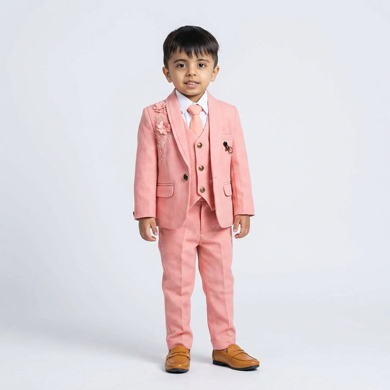 Boys Pink Formal Suit Set with Blazer, Waistcoat, Tie, Shirt and Trousers