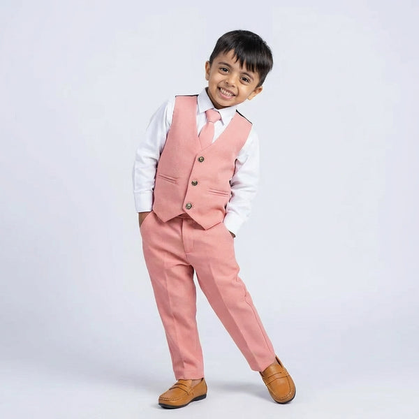 Boys Pink Formal Suit Set with Blazer, Waistcoat, Tie, Shirt and Trousers