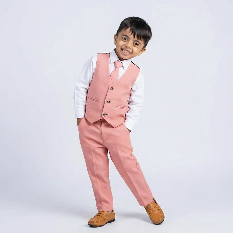 Boys Pink Formal Suit Set with Blazer, Waistcoat, Tie, Shirt and Trousers