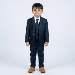 Boys Navy Blue Formal Suit Set with Blazer, Waistcoat, Tie and Trousers