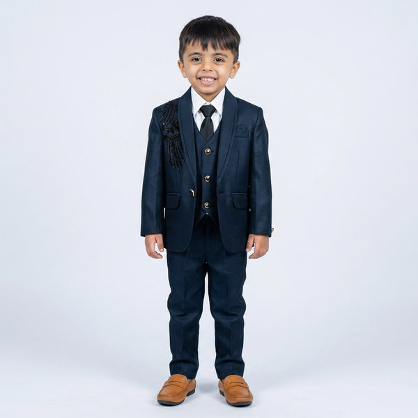 Boys Navy Blue Formal Suit Set with Blazer, Waistcoat, Tie and Trousers