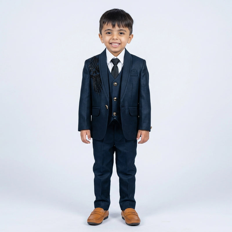 Boys Navy Blue Formal Suit Set with Blazer, Waistcoat, Tie and Trousers