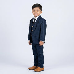 Boys Navy Blue Formal Suit Set with Blazer, Waistcoat, Tie and Trousers