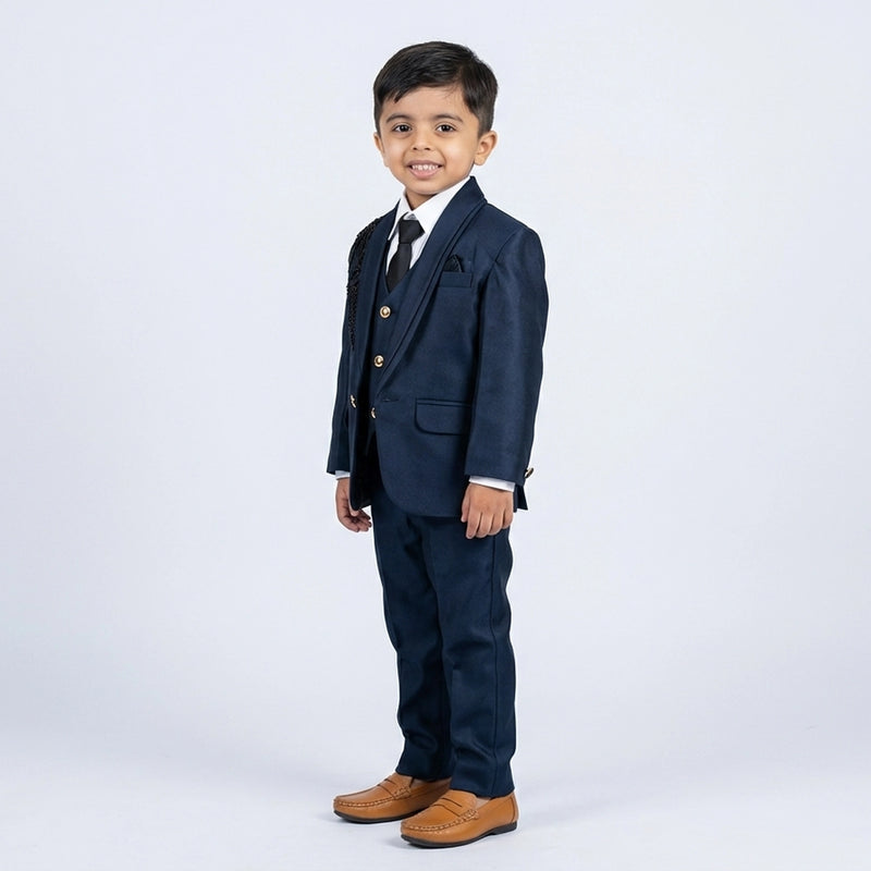 Boys Navy Blue Formal Suit Set with Blazer, Waistcoat, Tie and Trousers