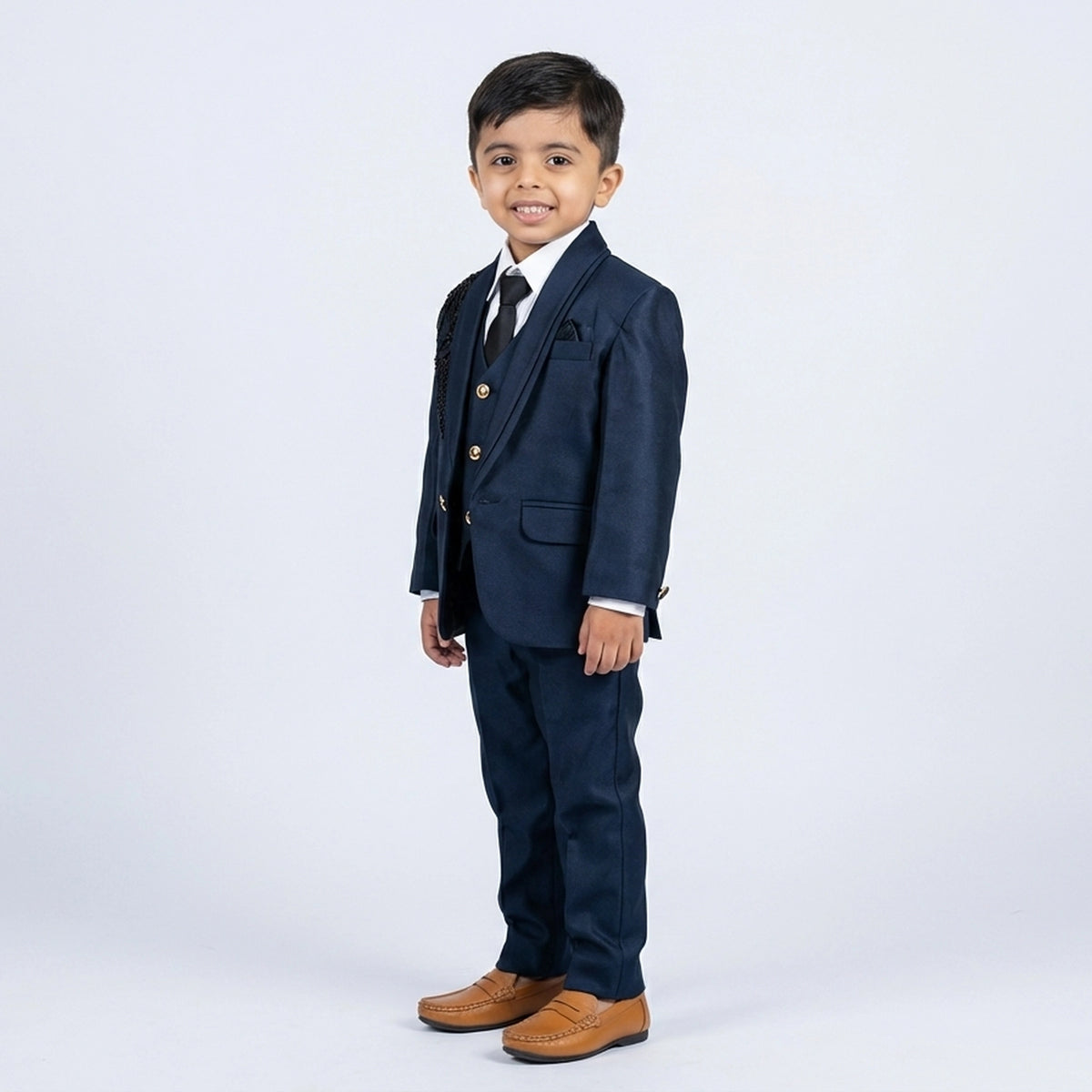 Boys Navy Blue Formal Suit Set with Blazer, Waistcoat, Tie and Trousers - image 2