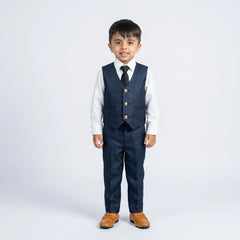 Boys Navy Blue Formal Suit Set with Blazer, Waistcoat, Tie and Trousers