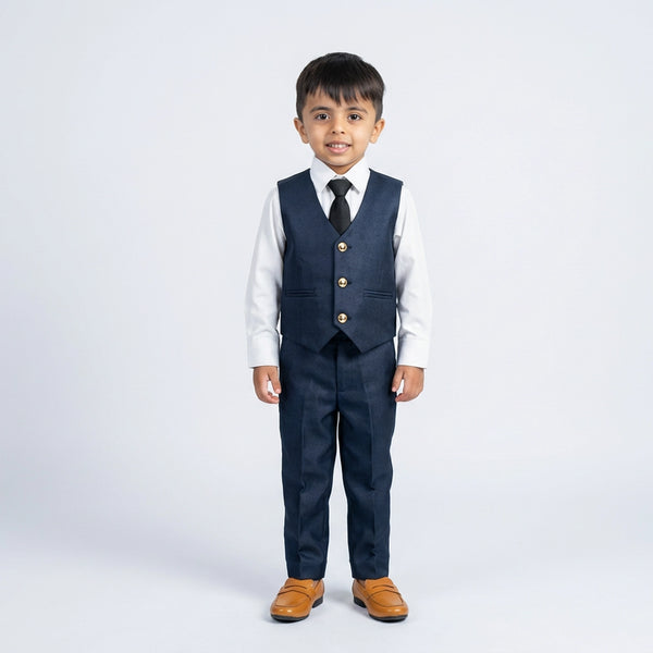 Boys Navy Blue Formal Suit Set with Blazer, Waistcoat, Tie and Trousers