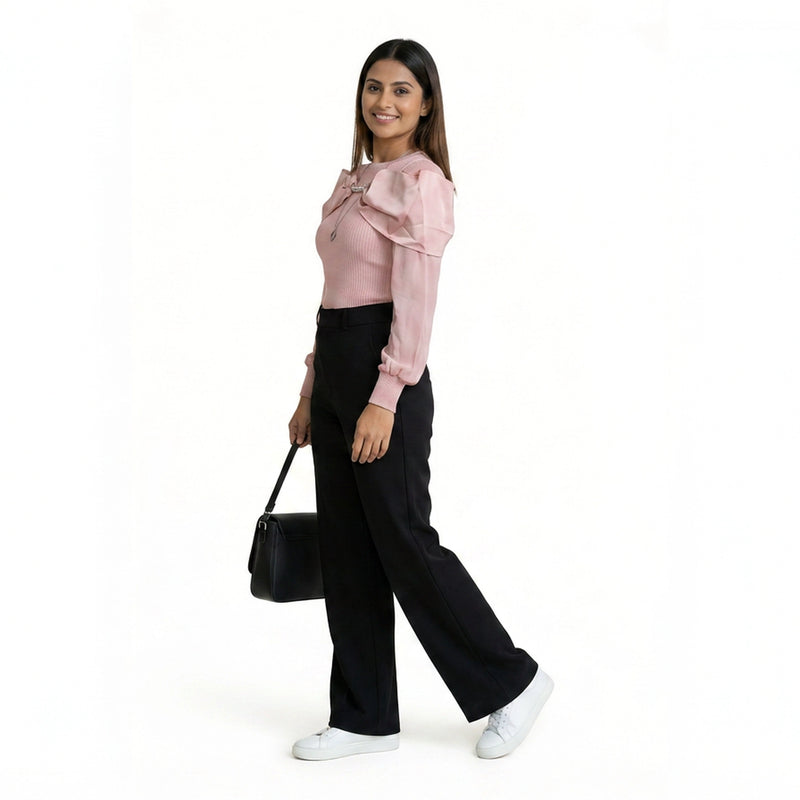 Women Cold Shoulder Top – Elegant Ribbed Knit Blouse with Pearl Detail