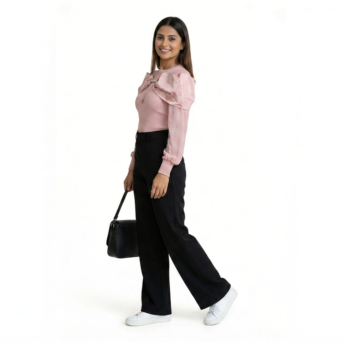 Women Cold Shoulder Top – Elegant Ribbed Knit Blouse with Pearl Detail - image 8