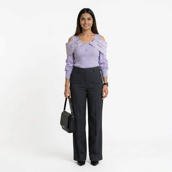 Women Cold Shoulder Top – Elegant Ribbed Knit Blouse with Pearl Detail