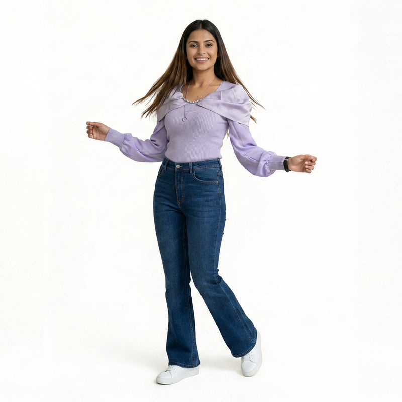 Women Cold Shoulder Top – Elegant Ribbed Knit Blouse with Pearl Detail